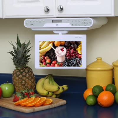COBY® Under Cabinet LCD TV - This under-cabinet entertainment system with 10" LCD screen includes a TV, AM/FM Radio, and DVD player. The LCD screen swivels for variable viewing angles. 